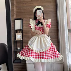 メイド服 チェック柄 喫茶店 レッド ブラック コスプレ ワンピース ロリータ 半袖 日常 萌え ハロウィン 仮装 レディース セクシー 蝶結ぶ 衣装 可愛い 大人用 Jf9h173