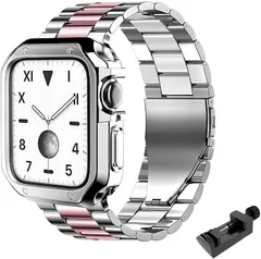 adzu 互換品Apple Watch互換品 ステンレス バンド 保護ケース付き アップルウォッチ用 メタル 腕時計 ベルト SE2 Ultra(シルバー x ピンクゴールド,  49mm)