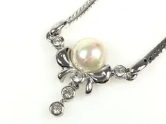 ニナリッチ　NINA RICCI　リボン　フェイクパール　ラインストーン3連　ヘリンボーンチェーン　ネックレス　アジャスター取り外し可能　シルバーカラー　送料無料