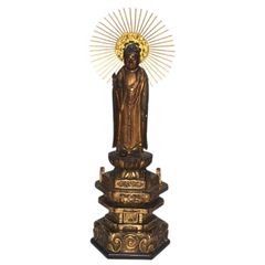 阿弥陀如来立像　木彫　約26cm　放射光背　六角台座　金箔