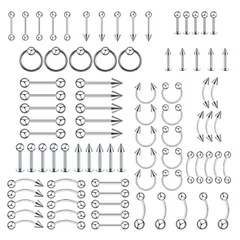 【迅速発送】DFsucces 舌 眉 唇 腹 へそピアス ステンレス製 ボディピアス ピアス セット 男女兼用 ファッション アクセサリー (85点セット)