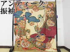 平和屋本店■極上　アンティーク　大正ロマン　振袖　駒刺繍　葵　金彩　逸品　CZAA0636s4 平和屋本店□極上 アンティーク 大正ロマン 振袖 駒刺繍 葵 金彩 逸品