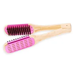 ONE-K ツインブラシ ストレートブラシ ウッド風 豚毛 ヘアブラシ くせ毛直し 髪質改善 静電気防止 ケアストレート レディース カールブラシ ドライヤー お風呂 (ピンク) 