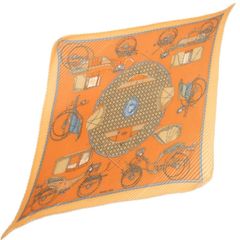 【HERMES エルメス】プリーツスカーフ LES VOITURES A TRANSFORMATION 折りたたみ式幌の馬車 オレンジ シルク