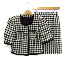 ジェイアンドアール セットアップ 上下セット 半袖ジャケット スカート チェック柄 日本製 レトロ レディース Mサイズ 黒×白 J&R 【中古】