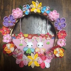 ハンドメイド♡フラワーリース 雛人形 お雛様 つまみ細工 節句 うさぎ