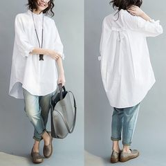 クーポンで10%OFF★ レディース ロングシャツ トップス 無地 春夏 ゆったり 綿 七分丈袖 可愛いLUCA063(M-3XL)