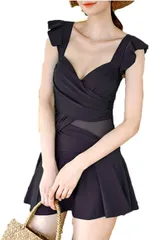 G-tiamo ジーティアモ 水着 レディース かわいい フリル ワンピース スカート オールインワン 体型カバー フレア 一体型( ブラック,  M)