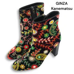 【美品】GINZA Kanematsu 銀座かねまつ 秋冬★ エスニック フラワー 刺繍 ショートブーツ Sz.23 レディース 黒 日本製のサムネイル