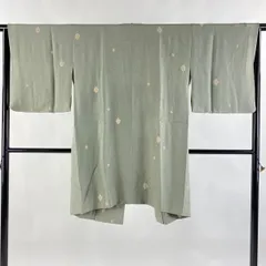道中着 身丈98cm 裄丈65cm M 和装コート 菱 地紋 絞り 灰緑 正絹 美品 逸品 【中古】