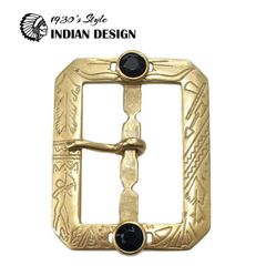 1930s スタイル インディアン柄 ビンテージ復刻版 バックル 42mm幅 ブラスメッキ仕上 ブラック アクリルラインストーン スタッズ