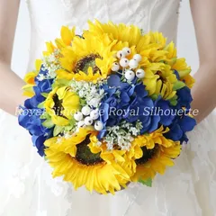 ブーケ ウェディング ブライダルブーケ 花嫁 向日葵 ひまわり 黄色 イエロー 青 ブルー 造花 結婚式 前撮り 披露宴 海外挙式 ウェディングブーケ 豪華 花束 ガーリー 可愛い フラワー お洒落 二次会 シルクフラワー