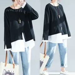 重ね着風 Tシャツ チュニック 長袖 レディース カットソー 配色 切り替え アシンメトリー クルーネック スリット 無地 トップス ゆったり スリット入り 体型カバー ラウンドネック 春 秋sinn03