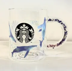 s25t-0390a【中古】 【美品】STAR BUCKS スターバックス・ビーズハンドル耐熱グラスマグ・クジラ グラス
