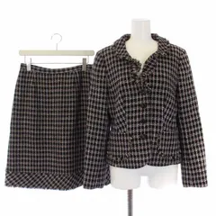ハナエモリ HANAE MORI フォーマル セットアップ 上下 テーラードジャケット 総裏地 シングル 4B スカート ひざ丈 チェック柄 ツイード フリンジ ウール 40 L 黒 ブラック ピンク /BMのサムネイル
