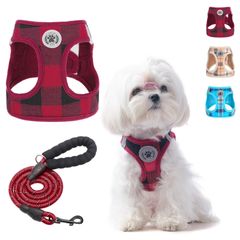 新品 BEAUTYZOO 犬用ハーネス リードセット 小型犬 中型犬 対応 引っ張り防止 調節可能 通気性メッシュ 軽量 反射材付き 簡単着脱 抜けない 快適 おしゃれ 散歩 訓練 老犬介護 歩行補助 夏用 チェック柄 ペット用品（レッド XS）