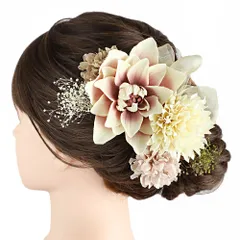 髪飾り 成人式 振袖 前撮り 袴 花 7点セット オフホワイト ピンク クリーム ベージュ カスミソウ 造花 リボン パールビーズ Ｕ No.12-0958