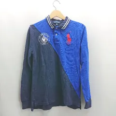 ◇ ⊇ Polo by Ralph Lauren ポロ バイ ラルフローレン ツートーン ロゴ刺繍 長袖 ポロシャツ サイズL ネイビー ブルー レディース E  【1504240022697】