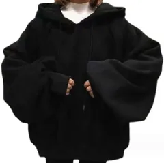 [エンプティオ] 萌え袖 だる着 長袖 ゆるパーカー パーカー レディース スウェット オーバー 裏起毛 トップス アウトドア オーバーサイズ 可愛い カワイイ ストリート トレーナー フード モコモコ ルームウェア ビッグシ [エレガントブラック] [XL]