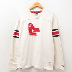 L/古着 リーボック 長袖 ビンテージ フットボール Tシャツ メンズ 00s MLB ボストンレッドソックス コットン Vネック 生成り メジャーリー