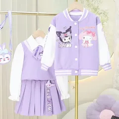 クロミちゃん 長袖 ジャケット+プリーツスカート＋ベスト＋ 長袖 ブラウス 4点セット コットン カジュアルウェア パープル  110-150cm かわいい パーティー プリンセスファッション キューティー