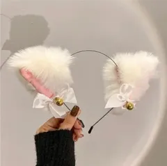 人気！ネコ耳カチューシャ　白　コスプレ　かわいい リボン 鈴付きハロウィン