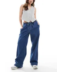 【送料無料】 ピーシーズ レディース デニムパンツ ボトムス Pieces drawstring waist wide leg jeans in dark blue denim wash Dark Blue