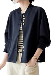 emu's mimi(エムズ ミミ) アウター レディース 春 ノーカラー ブルゾン 上着 フードなし サイズ( ネイビー,  L)