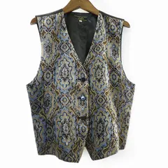 #w レリアン Leilian ベスト ジレ 9 ベージュ系 紺 マルチ 総柄 アラベスク ベロア調 日本製 レディース [959574] k01