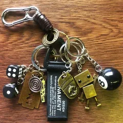 キーホルダー レトロ アメカジ ビンテージ 古着 ストリート ジャラジャラ ダイス 本革 ステンレス カラビナ ロボット  OR BK BK 01