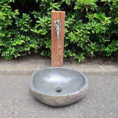 天然石 洗面ボウル リバーストーン L 43X36 立水栓水受け皿 シンク 洗面ボール 庭 ガーデン 手洗い鉢 河石 DIY  排水栓付き【北海道・沖縄県・離島配送不可】250967