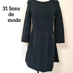 31 Sons de mode チェック 長袖 ミニ ワンピース ポケット ネイビー グリーン Sサイズ