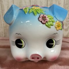 加藤工芸 豚の貯金箱 陶器製 ピギーバンク　水色　希少