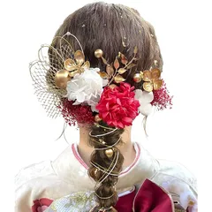 [JZOON] 髪飾り 【9色展開】 成人式 卒業式 振袖 和装 着物 袴 浴衣に 七五三 ドライフラワー 金箔 和玉 組紐 水引き かすみ草 網型飾り 専用ケース付き 赤 A1107