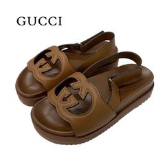 グッチ GUCCI サンダル 靴 シューズ レザー ブラウン 未使用 インターロッキングG ベルクロ