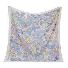 エルメス HERMES スカーフ カレ140 カレジェアン カシミヤ 70% / シルク 30% Splash Park / スプラッシュパーク ショール ストール タツノオトシゴ グリシーヌ / ブルー / ジョーヌ 正規品 美品 中古 mbl26010