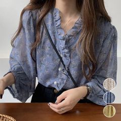 レディース 襟フリル シースルー 花柄ブラウス 長袖 トップス シャツ
