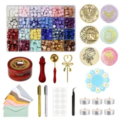 印鑑 封筒 便箋 招待状 手紙 祝福 ワックス大量 告白 祝い セット【マカロン色24色セット】ヘッド蝋封 手紙装飾 シーリングワックス DIY シーリングスタンプ 24色ワックスビーズ+スプーン+キャンドル+ワックス炉+スタンプ+スタンプ台+両面シールなど1