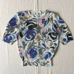 〜90s　vintage　花柄　フラワーアートモチーフ　総柄ジャガードサマーニット　M　レトロ古着