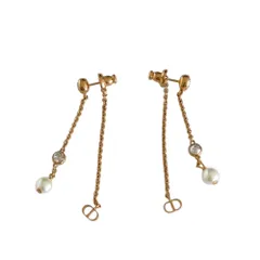 美品 Christian Dior クリスチャンディオール CDロゴ ラインストーン フェイクパール チェーン スタッドピアス ゴールドカラー レディース 古着 中古 USED