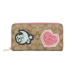 コーチ COACH ディスコ パッチ アップリケロング ジップアラウンド ウォレット PVC / レザー シグネチャー ハート パッチワーク C6995 長財布 ラウンドファスナー ロングウォレット レディース ベージュ / ピンク 中古 maq19020