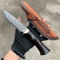 ダマスカス サバイバルナイフ アウトドアナイフ【五大郎】 天然ウッドハンドル サバイバル 防災 革製シース