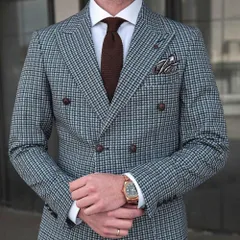 テーラードジャケット ダブル ブレザー チェック柄 紺/春/秋/冬 ストレッチ