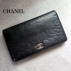 CHANEL シャネル カメリア ココマーク 二つ折り財布 レザー ロングウォレット ココマーク 黒 ブラック シルバー バイカラー 長財布