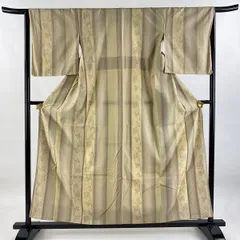 結城紬 身丈158cm 裄丈64cm M 袷 はたおり娘 証紙 縦縞 葡萄唐草 ベージュ 正絹 名品 【中古】