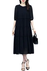 [Ｃｈｕｂｉｋｉｍｅ] ワンピース 夏 レディース 五分袖 ミディアム丈ワンピース シフォン 大人 ドレス ゆったり 体型カバー 大きいサイズ シンプル 無地 フリル クルーネック エレガント フェミニン 着痩せ おしゃれ きれいめ