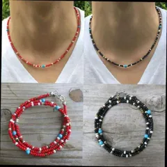 40cm ネイティブカラー ビーズネックレス【2set】Red&Black