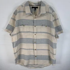 古着 トミーヒルフィガー TOMMY HILFIGER 半袖シャツ 胸ポケ ロゴ 刺繍 アロハシャツ XL  ベージュ系 ボーダー メンズ
