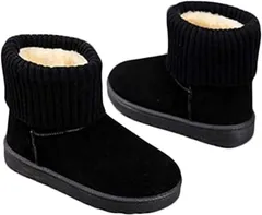 SLOW＆MELLOW ムートンブーツ ショート リブ 暖かい シューズ レディース アンクル スノーブーツ 防寒 対策 スエード フェイク ファー ふわふわ カジュアル 無地(ブラック 24cm,  23.5～24.0 cm 1.5E)