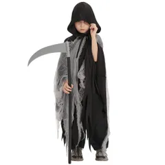 【在庫処分】2点セット 演出服 イベント パーティー 女の子 男の子 キッズ コスプレ 男女兼用 コスプレ 人気 雰囲気づくり 屋敷 おばけ ホラー 可愛い 仮装 子供 ハロウィン 幽霊 悪魔 鎌付き マント 死神 [UPENC]
